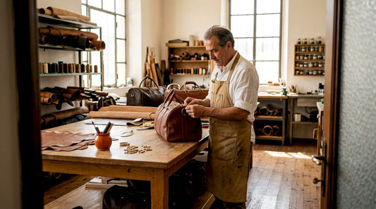 Italienischer Handwerker prüft eine luxuriöse Reisetasche aus Leder