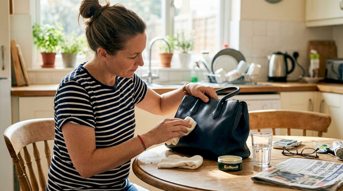 Mujer cuidando un bolso de lujo en la mesa de la cocina
