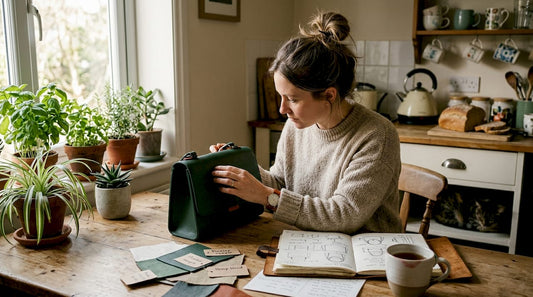 Designer prüft eine vegane Lederhandtasche am Küchentisch