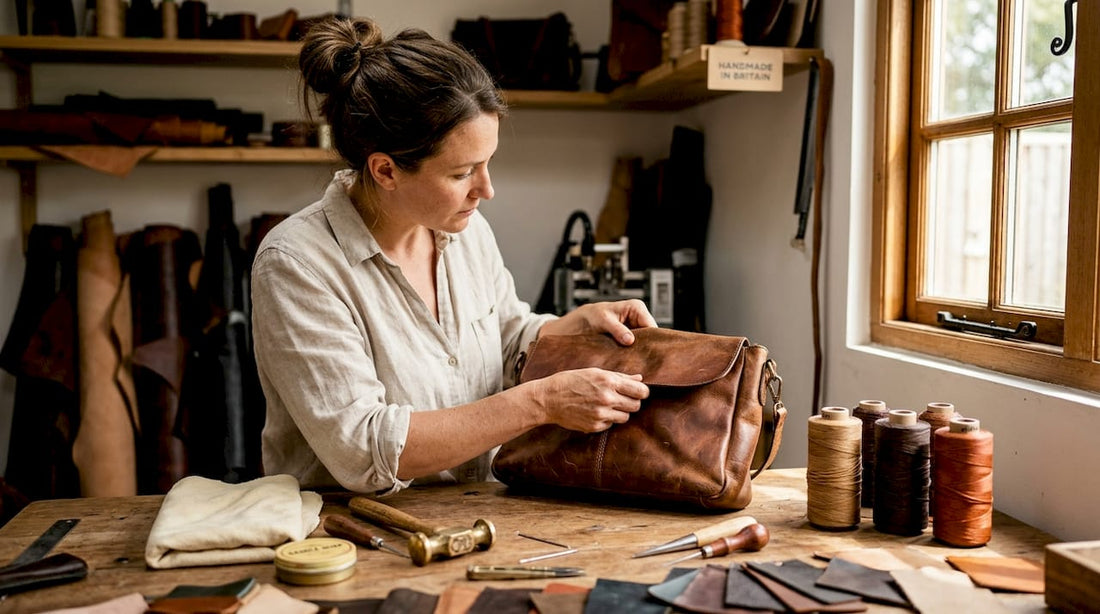 Artisan inspecting aged leather handbag with patina