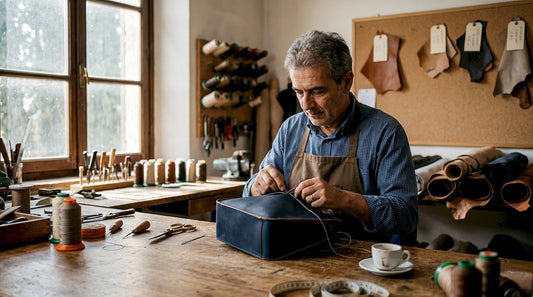 Handwerker fertigt eine marineblaue Lederhandtasche