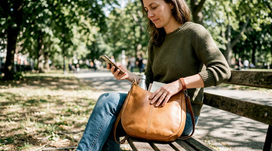 Frau mit einer handgefertigten Hobo-Rucksacktasche im Park