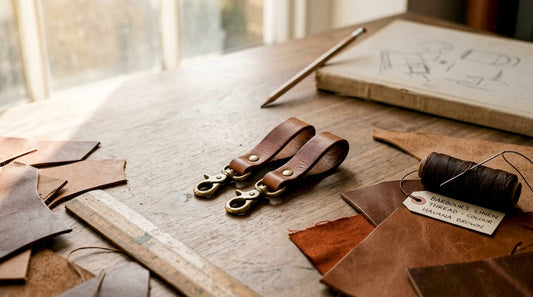 Italienische Leder-Schlüsselanhänger auf einem Handwerkertisch