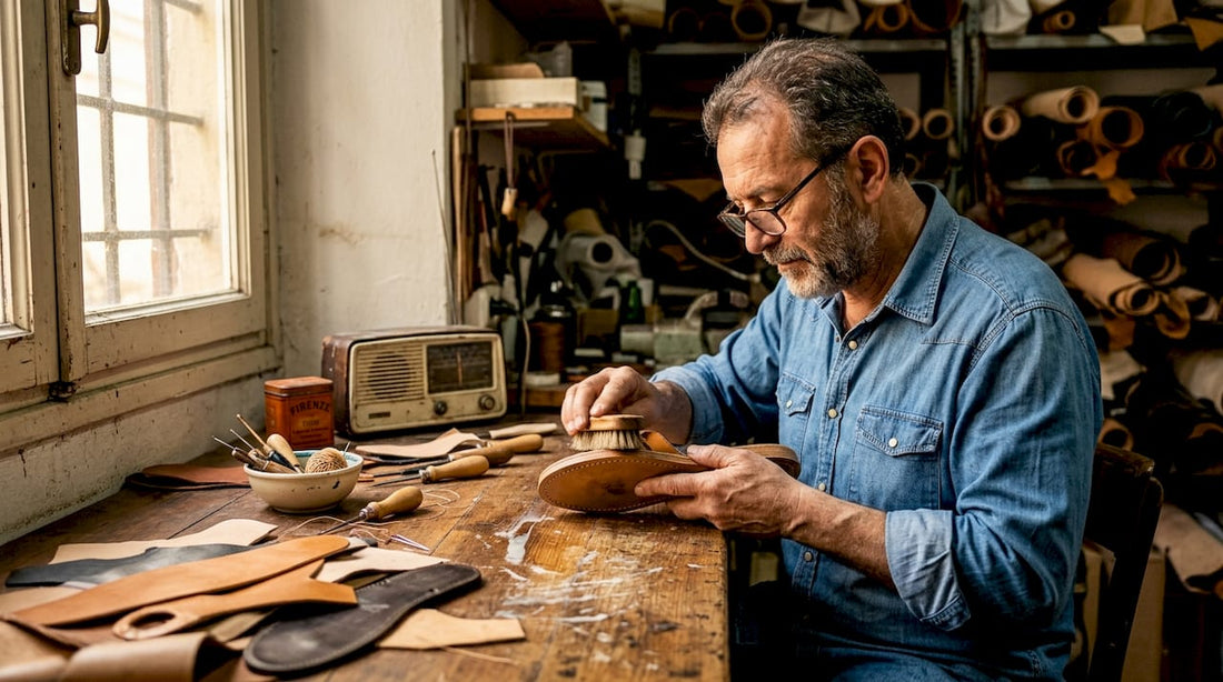 Italienischer Handwerker prüft eine Leder-Zehensandale