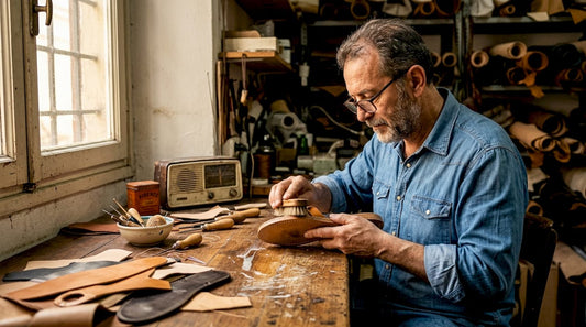 Italienischer Handwerker prüft eine Leder-Zehensandale