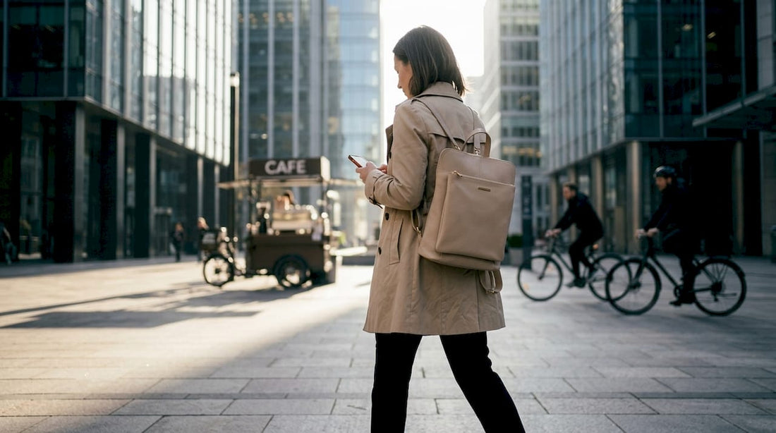 Mujer llevando un bolso italiano convertible en mochila