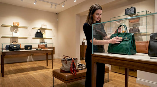 Woman handling luxury handbag in boutique setting