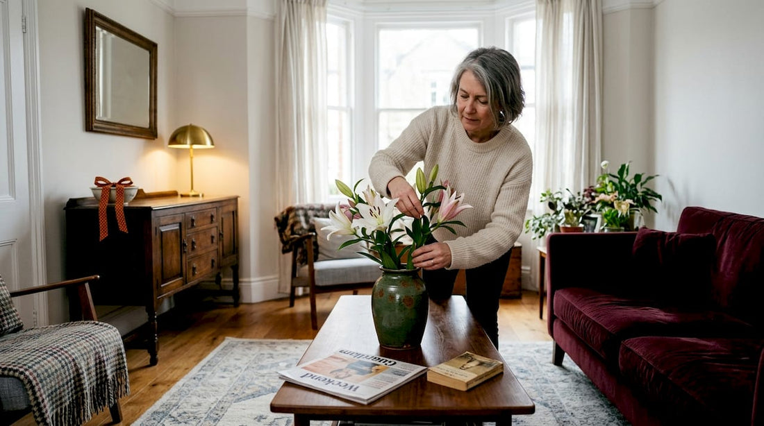 Vrouw schikt een vaas in een elegante luxe woonkamer