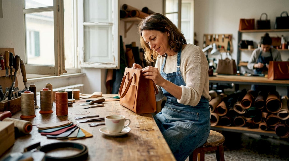 Artisan inspecting luxury handbag in studio