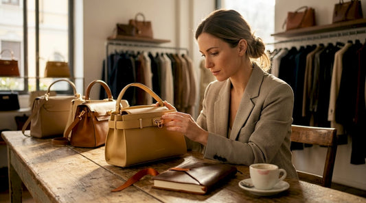 Compradora de moda examinando bolsos italianos de piel