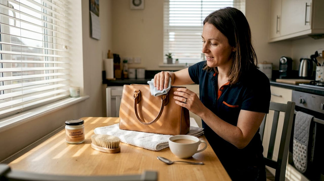 Frau reinigt eine Ledertasche an einem Tisch zu Hause