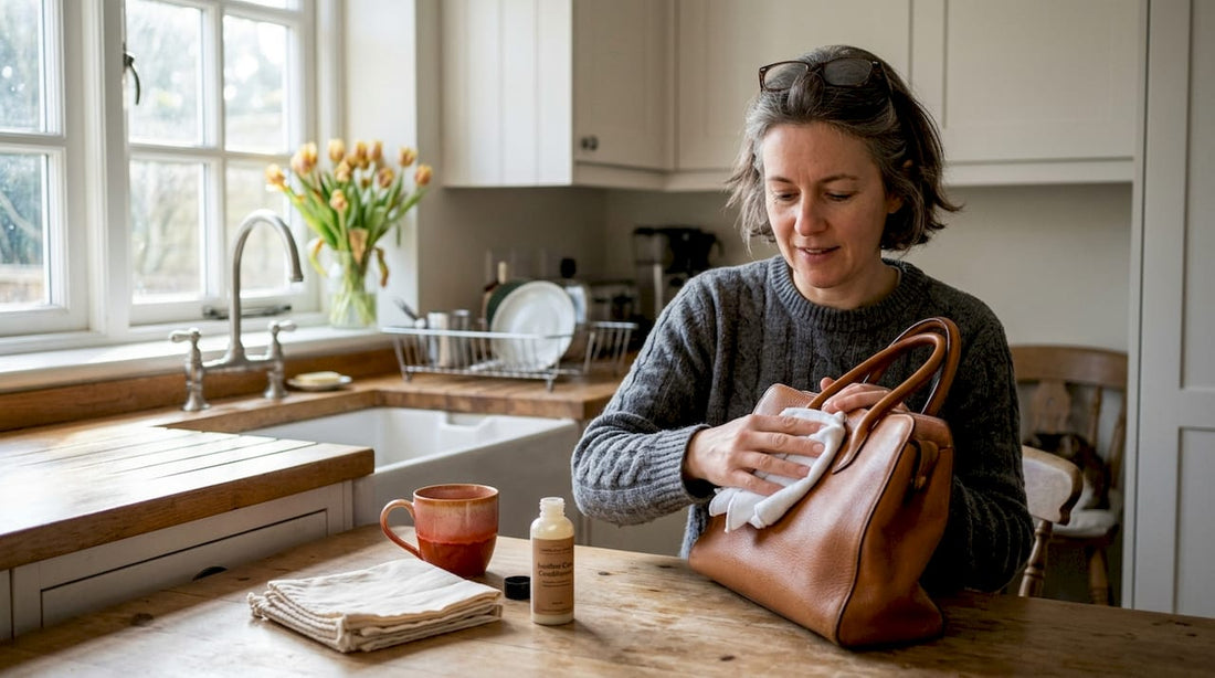 Femme nettoyant délicatement son sac à main de luxe en cuir