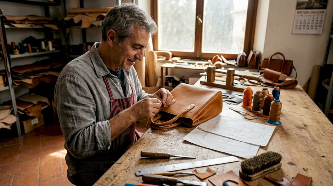Artesão italiano a coser uma mala em pele junto a uma janela