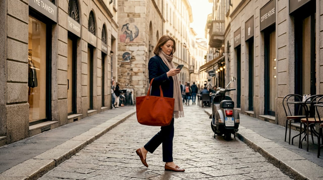 Woman in elegant Italian style walking in Milan