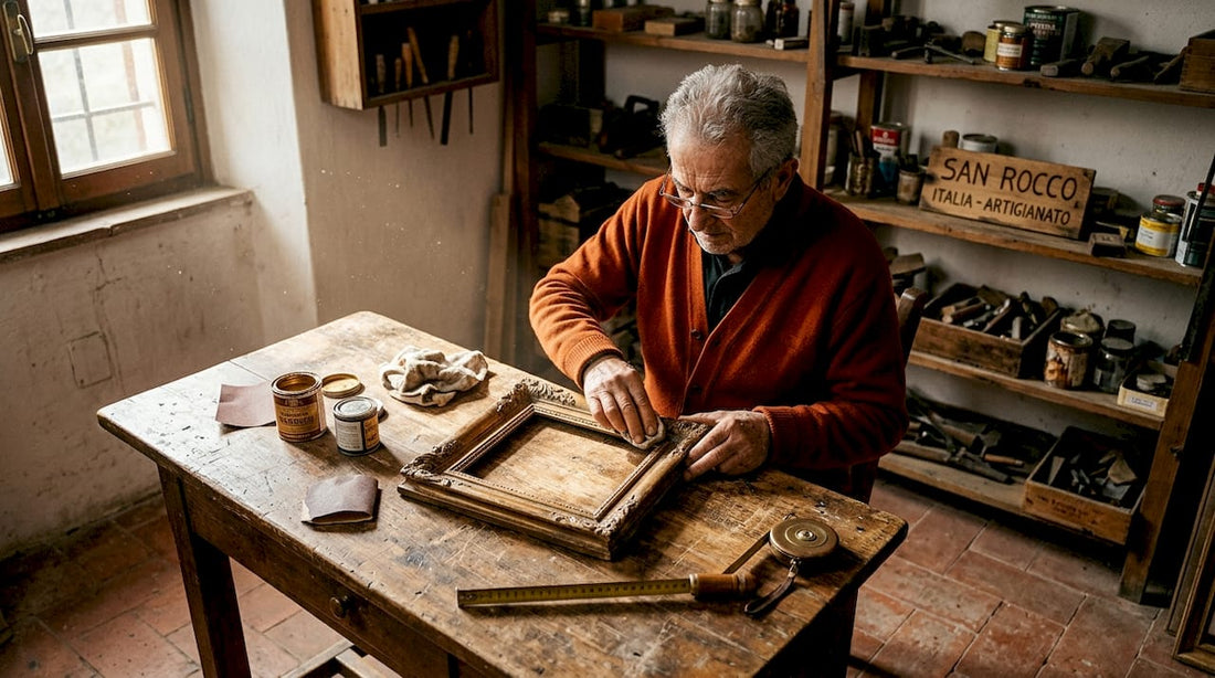 Italian craftsman polishing wooden frame in workshop