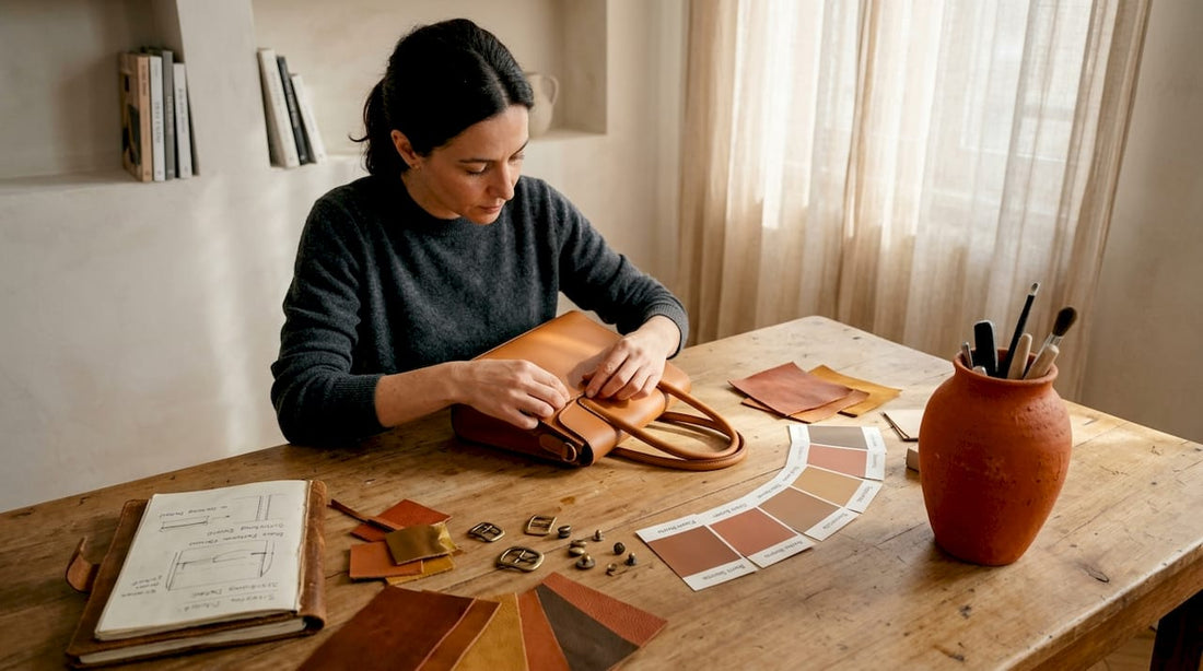 Créateur examinant un sac à main italien en cuir sur une table d’atelier