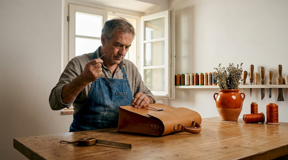 Artisan cousant à la main un sac en cuir dans un atelier