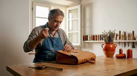 Artisan hand-stitching leather bag in workshop