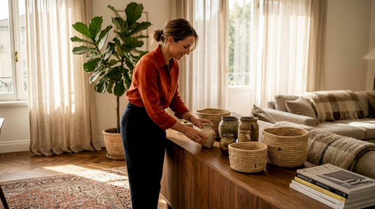 Woman arranging handcrafted décor in sunny living room