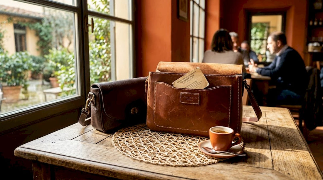 Bolsos italianos de piel a la luz del sol en un estudio