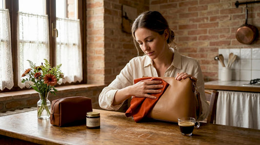 Vrouw reinigt thuis een luxe leren handtas