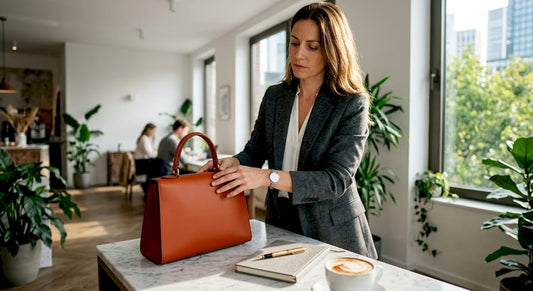 Elegant woman setting leather handbag on office table