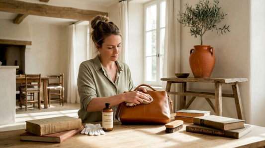 Woman restoring tan leather handbag at home