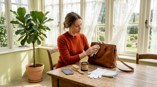 Woman preparing to clean leather bag at kitchen table
