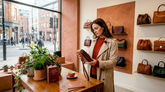 Compradora comparando bolsos de diseño y artesanales