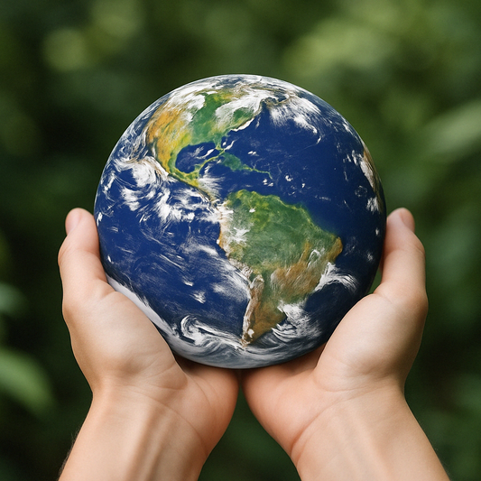 Mani che sorreggono delicatamente un globo terrestre su uno sfondo verde sfocato