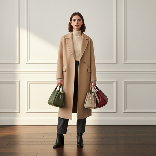 Model in a beige coat holds three Italian leather handbags in green beige and burgundy