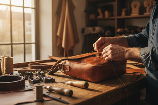 Hände nähen an einer hellbraunen Ledertasche auf einer Holzwerkbank mit Nähwerkzeugen.