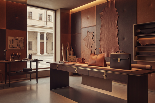 Leather workshop scene with two handbags on a long wooden table and rolled hides against a leather paneled wall.