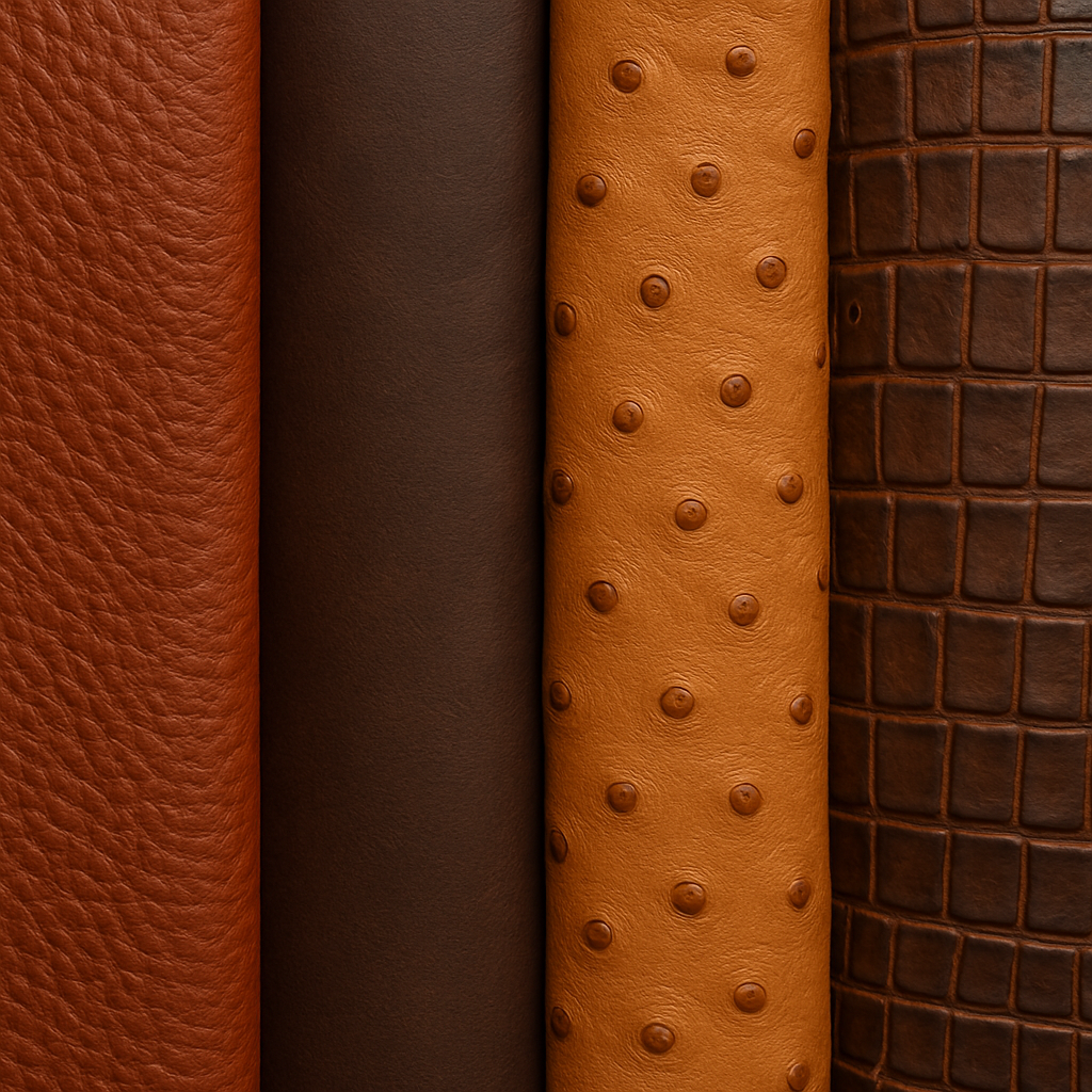 Vertical display of brown leather rolls showing a range of textures from smooth to pebbled and ostrich pattern