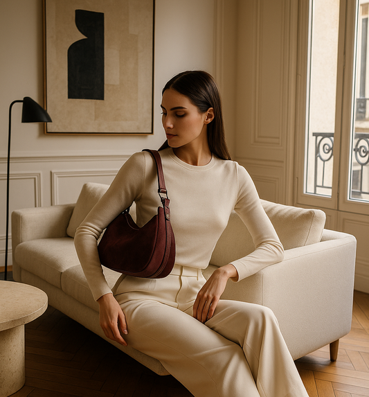 Woman seated on a cream sofa holds a burgundy leather handbag over her shoulder in a chic living room