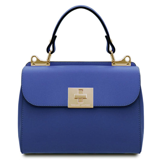 Blue structured leather handbag with gold hardware against a clean white background.