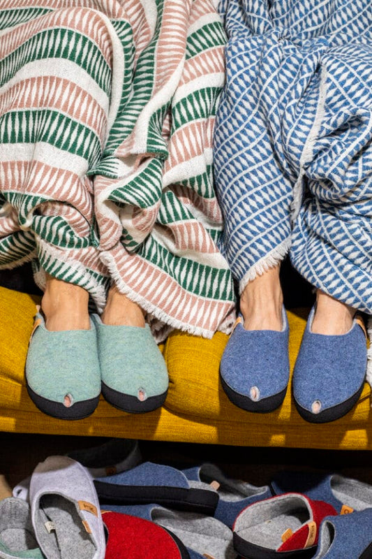 Duas pessoas com chinelos às riscas azuis e verdes estão sentadas com mantas às riscas num sofá amarelo