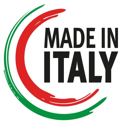 Logo Made in Italy con pennellate circolari verdi e rosse.
