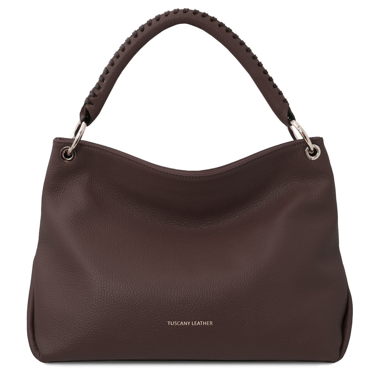 Chocolate brown leather handbag with stitched handle on a white background