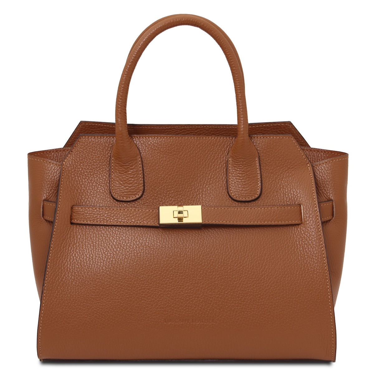 A structured brown pebbled leather handbag with double top handles and a gold-tone turn-lock closure on the front flap, shown against a plain white background.