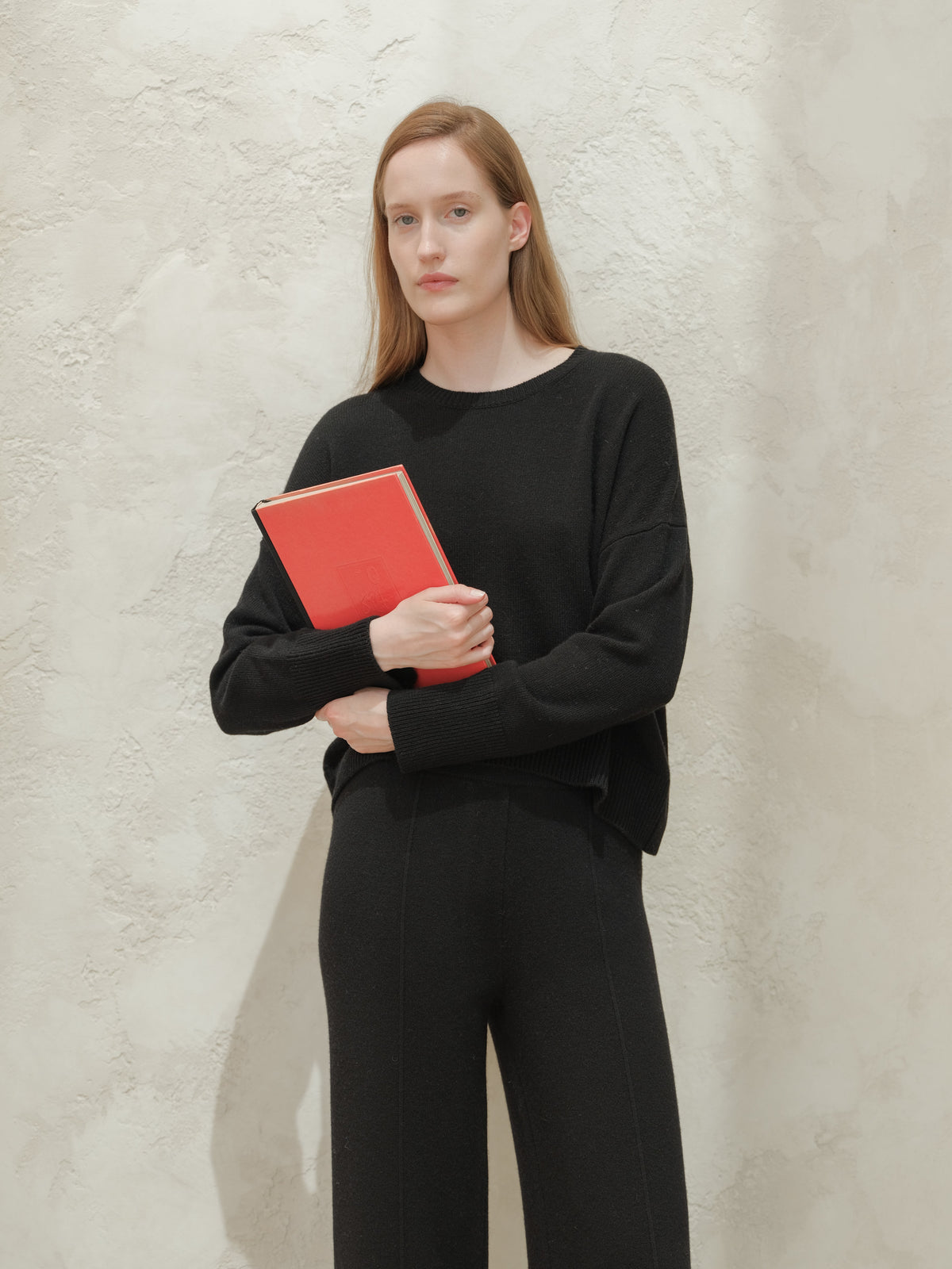 Modella con a nero cashmere mix maglione girocollo e holding a rosso notebook.