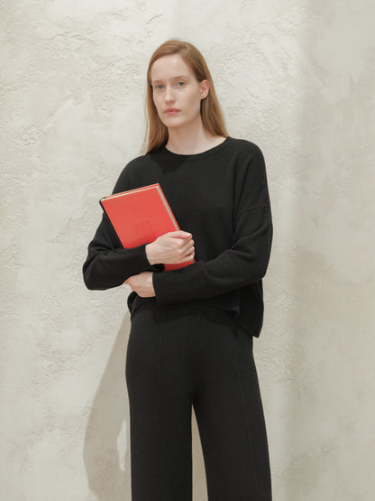 Modella con a nero cashmere mix maglione girocollo e holding a rosso notebook.