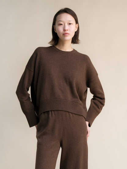 Modella con a marrone cashmere mix maglione girocollo con a cropped orlo a coste e matching knit pants