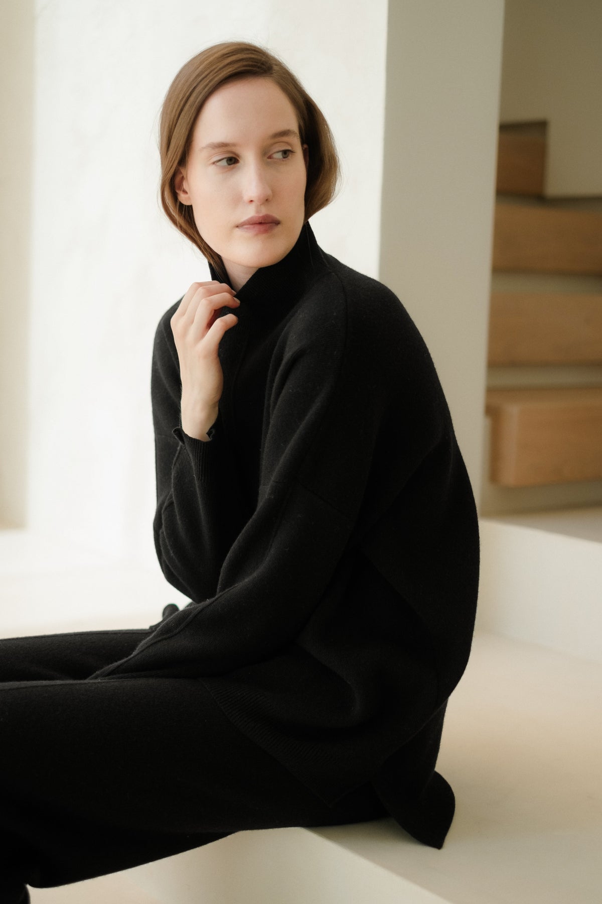 Maxi maglione dolcevita tinta unita in misto lana e cashmere