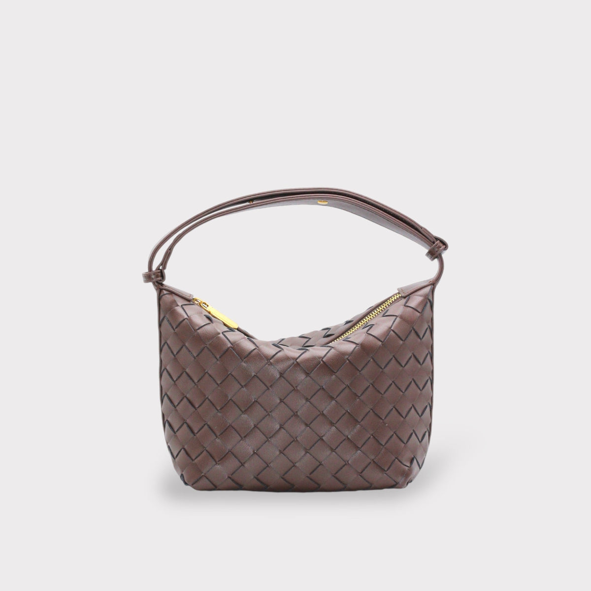 Chocolate brown genuine leather woven boxed pouch bag with a gold zipper and slim shoulder strap