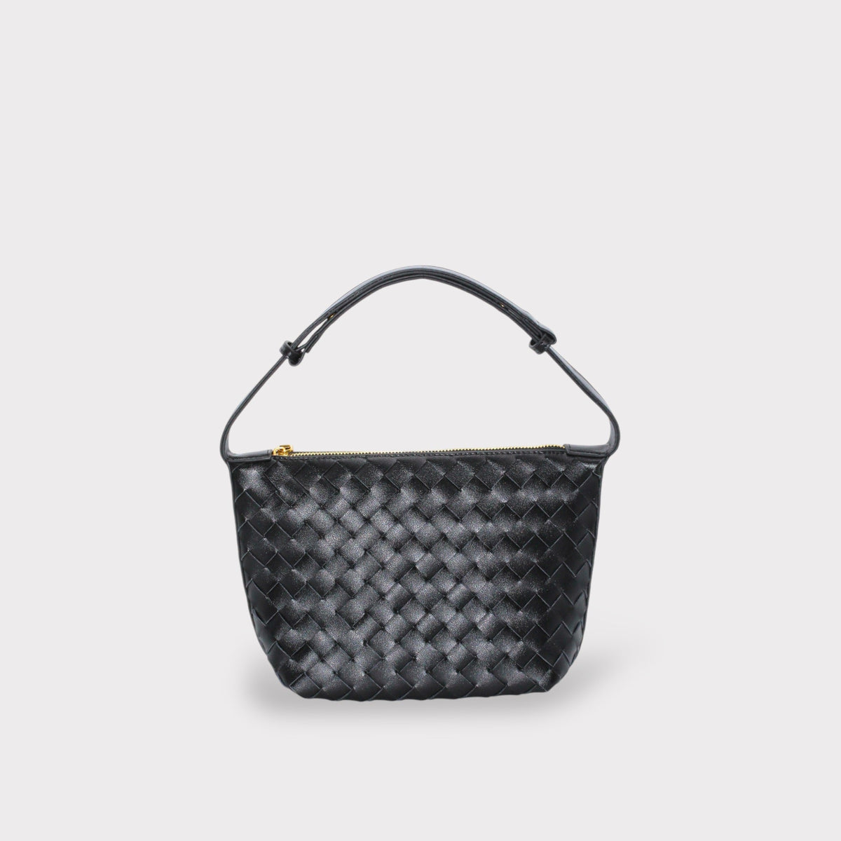 Black genuine leather woven boxed pouch bag with gold zipper and top handle