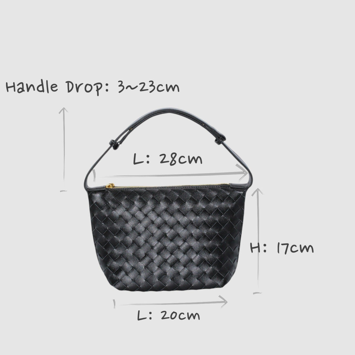 Black woven leather boxed pouch bag with gold zipper and short handle shown with size measurements against a gray background.