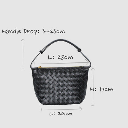 Black woven leather boxed pouch bag with gold zipper and short handle shown with size measurements against a gray background.