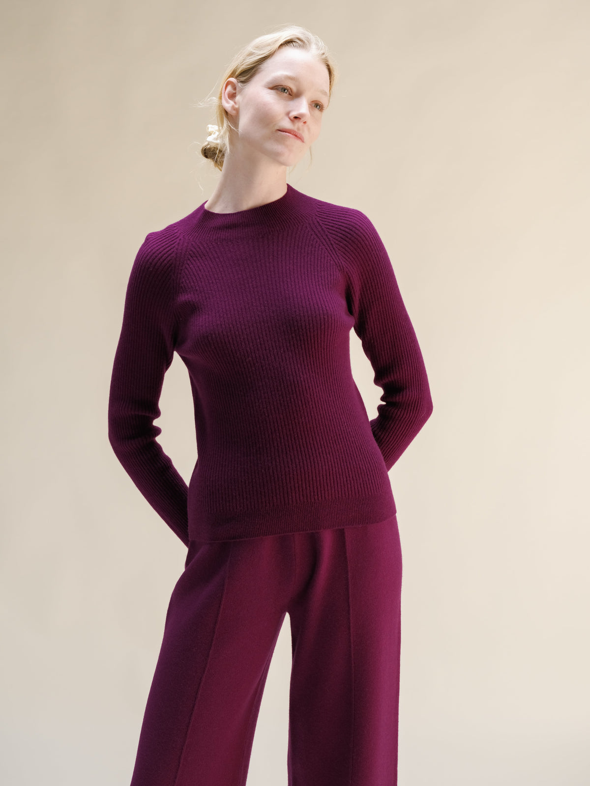 Prugna cashmere mix maglione a coste con collo alto worn by model