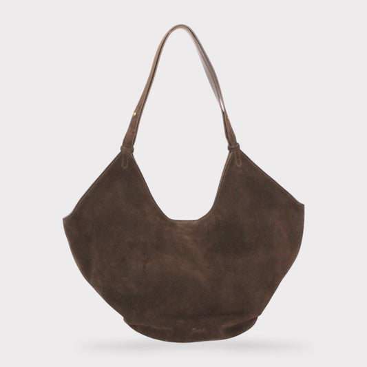 Elsa suede leather boat tote in dark brown with a curved top edge and two shoulder straps.